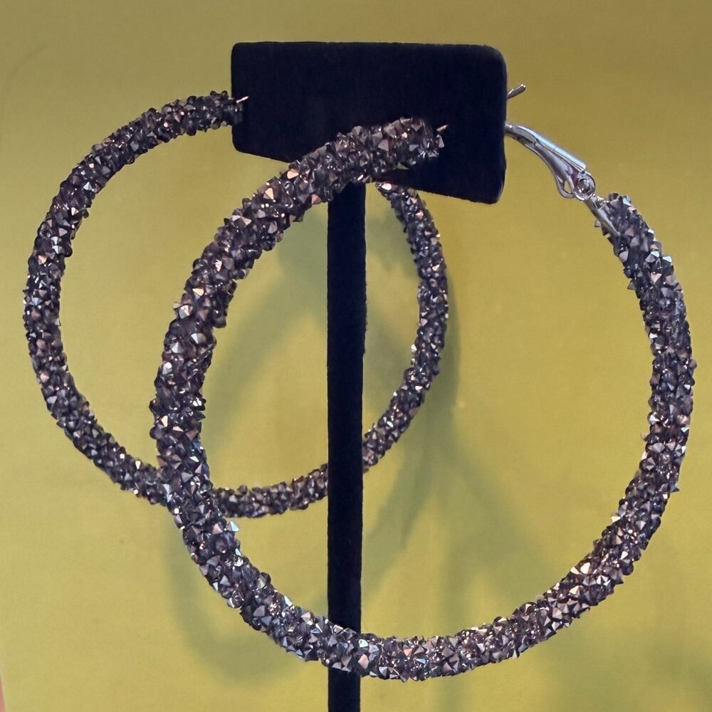 Anthropologie Gunmetal Crystal Hoop Earrings | Like New | Never Worn | 2.25"